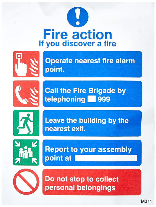 Fire Action Sign Self Adhesive Vinyl 20 x 15 cm