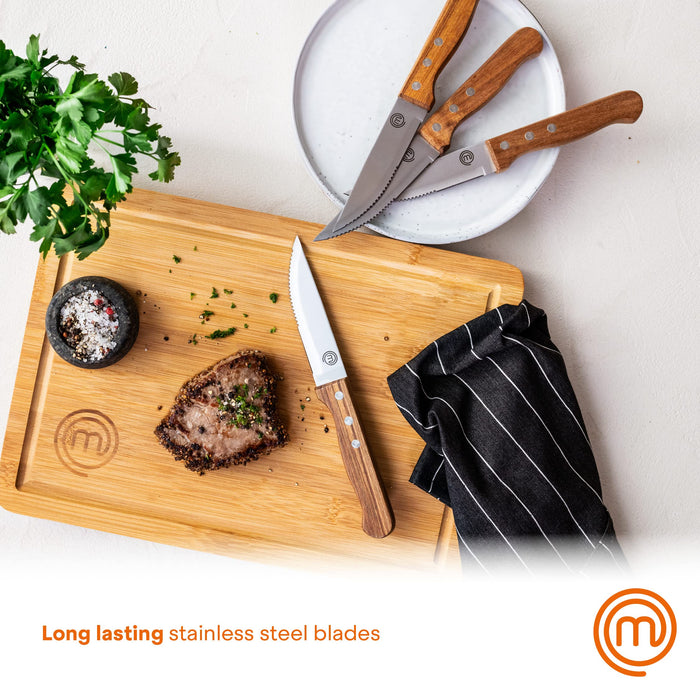 MasterChef Steak Knife Set Stainless Steel, Acacia Wood Brown, Silver 12.5 cm