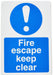 Mandatory Sign Fire Escape Keep Clear vinyl Blue, White 30 x 20 cm
