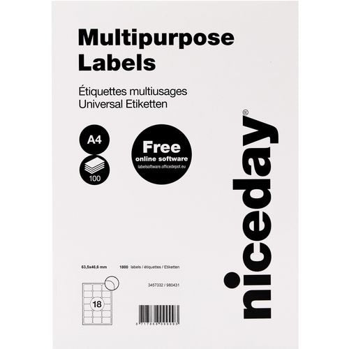 Niceday Multipurpose Labels Self Adhesive 63.5 x 46.6 mm White 100 Sheets of 18 Labels