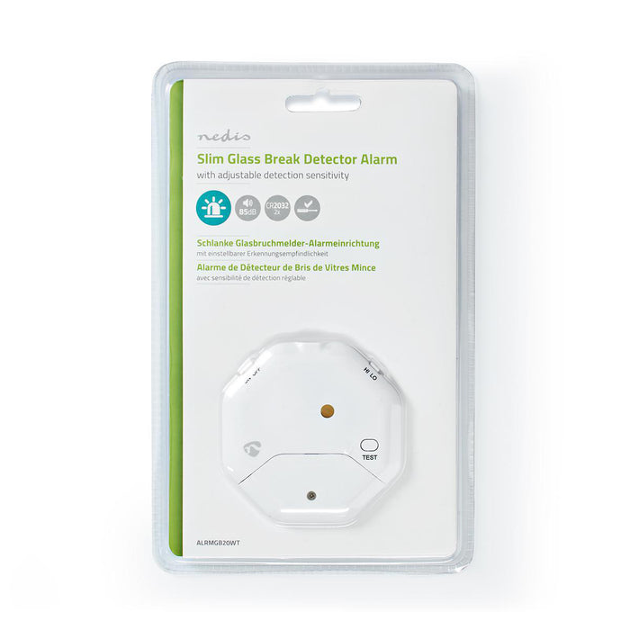 Nedis Glass Break Alarm - Triggered by: Vibration, Battery Powered, 2x CR2032, 85 dB - White