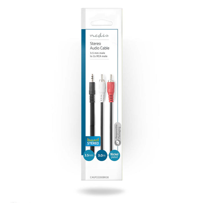 Nedis Stereo Audio Cable - 3.5 mm Male, 2x RCA Male, Nickel Plated, Black - Polybag