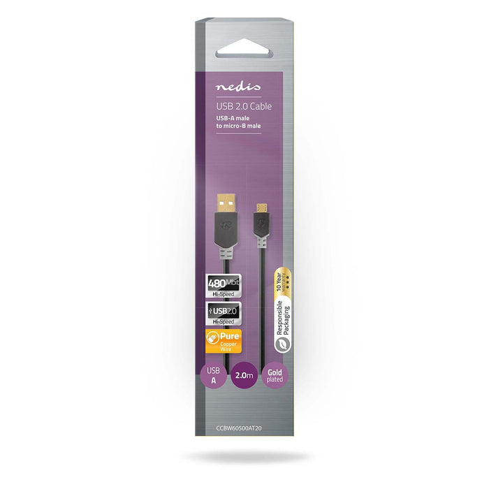 Nedis USB Cable - USB 2.0, USB-A Male, USB Micro-B Male, Anthracite - Box