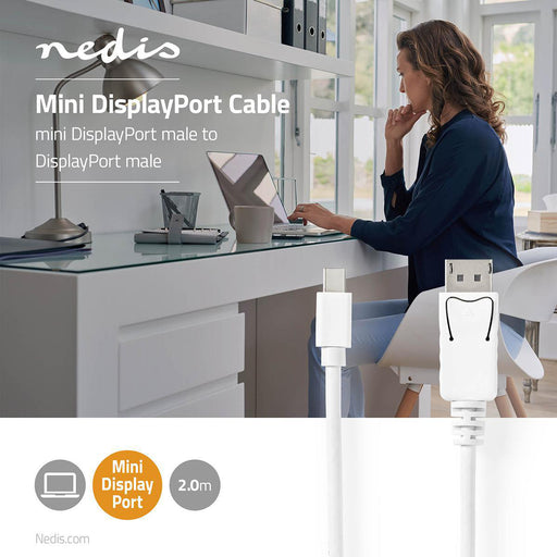 Nedis Mini DisplayPort Cable - DisplayPort 1.4, Mini DisplayPort Male, DisplayPort Male, White - Blister