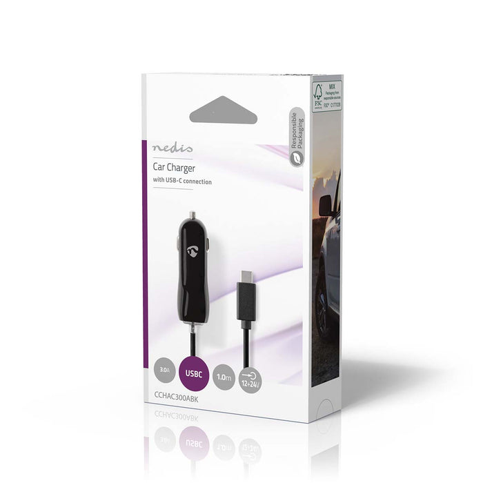 Nedis Car Charger - 1x 3,0 A, Number of outputs: 1, USB-C (Fixed) Cable, 15 W - Single Voltage Output