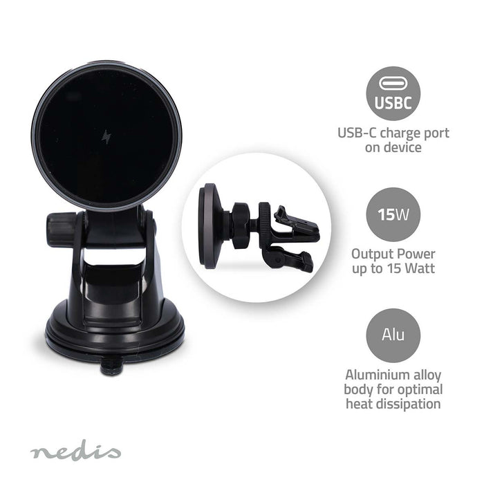 Nedis Wireless Car Charger - Qi certified, 7.5 / 10 / 15 W, 1.5 / 1.67 / 2 A, USB Type-C - Including cable