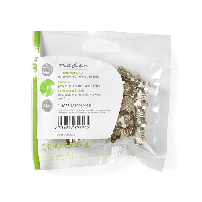 Nedis F-Connector - Straight, Male, Nickel Plated, 25 pcs - Polybag
