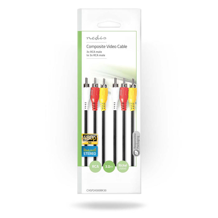 Nedis Composite Video Cable - 3x RCA Male, 3x RCA Male, Nickel Plated, Black - Polybag