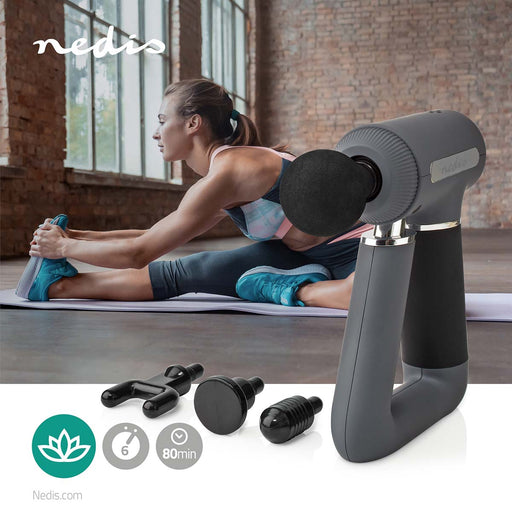 Nedis Sports Massage Gun - Battery Powered, Built-In Lithium-Ion, Rechargeable, USB-Cable - Grey