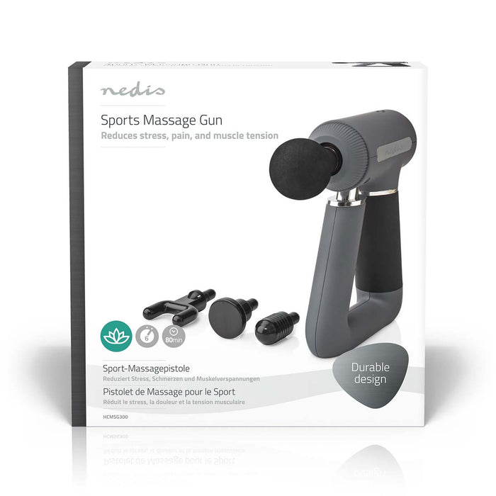 Nedis Sports Massage Gun - Battery Powered, Built-In Lithium-Ion, Rechargeable, USB-Cable - Grey