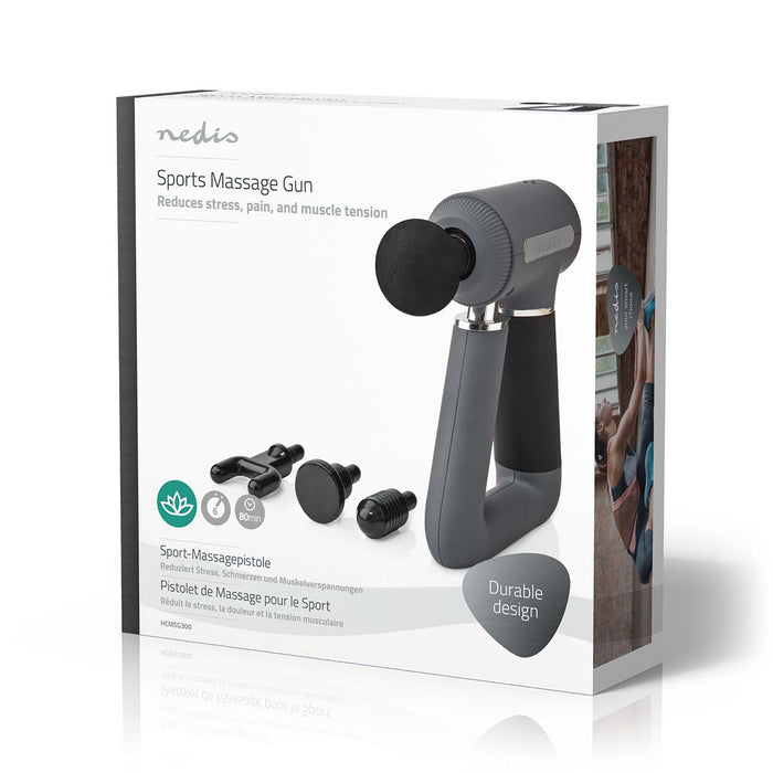 Nedis Sports Massage Gun - Battery Powered, Built-In Lithium-Ion, Rechargeable, USB-Cable - Grey