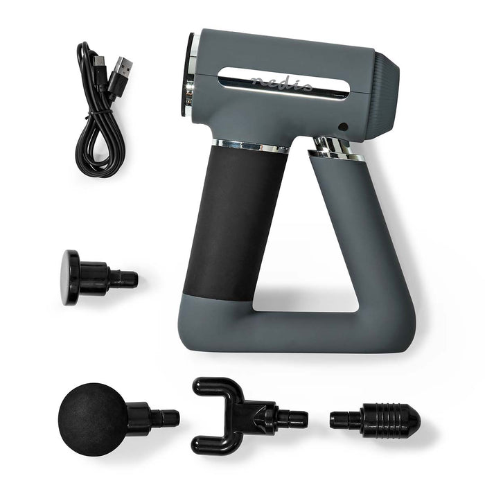 Nedis Sports Massage Gun - Battery Powered, Built-In Lithium-Ion, Rechargeable, USB-Cable - Grey