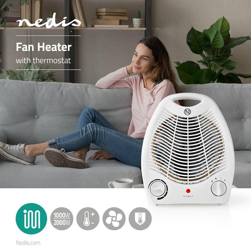 Nedis Fan Heater - 1000 / 2000 W, Adjustable thermostat, 2 Heat Settings, Fall over protection - White