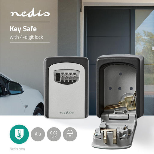 Nedis Vault - Key Safe, Combination Dial Lock, Indoor and Outdoor, 2 Keys Included - Black / Grey