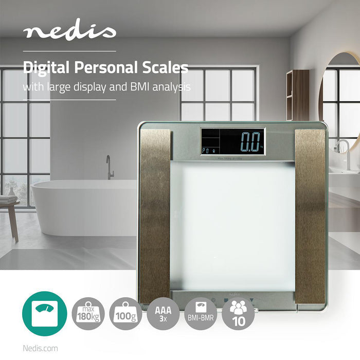 Nedis Personal Scale - Digital, Silver, Tempered Glass, Maximum weighing capacity: 180 kg - Body analysis