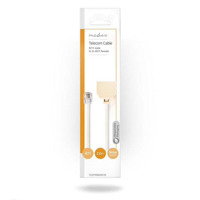 Nedis Telecom Extension Cable - RJ11 Male, 2x RJ11 (4/6) Female, 2.00 m, Cable type: RJ11 - Ivory