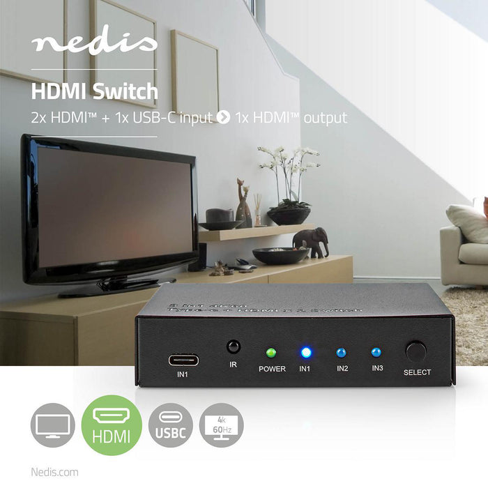 Nedis HDMI Switch - 3 port(s), 1x USB-C / 2x HDMI Input, 1x HDMI Output, Metal - Anthracite