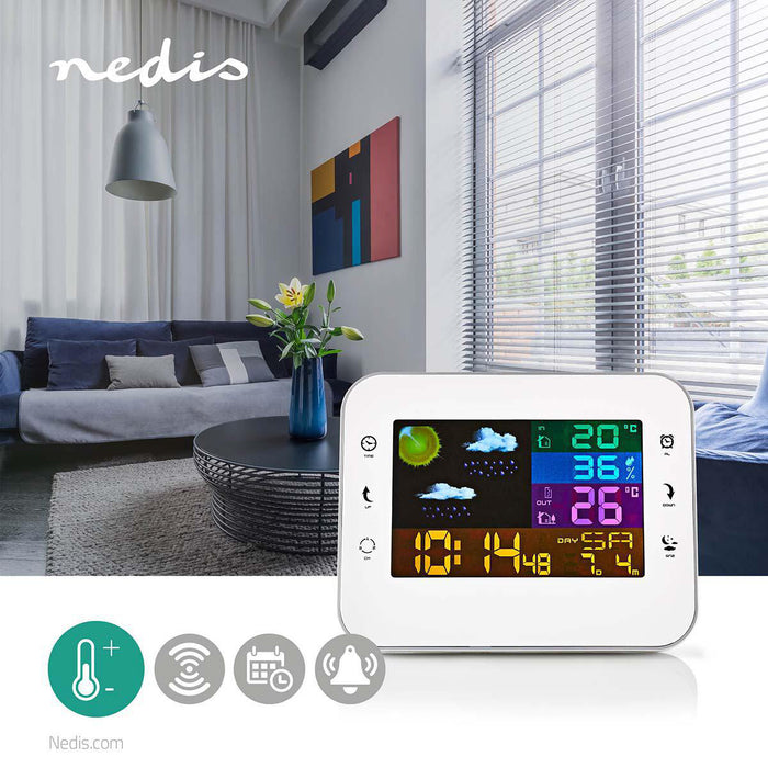 Nedis Weather Station - Indoor & Outdoor, Including wireless weather sensor, Weather forecast, Colour LCD Display - Alarm clock function