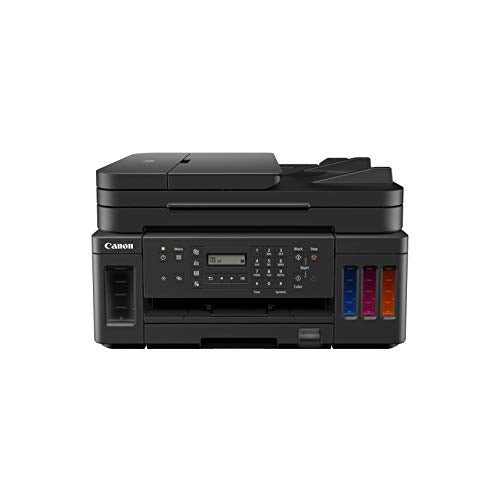 Canon PIXMA G7050. A4 Multifinction Refillable Ink Tank Printer. Print/Copy/Scan/Fax. Mono Print Speed Approx. 13.0 ipm, Colour Print Speed Approx. 6.8 ipm. Auto Duplex Print, Cartridge Yield (Plain paper) Black: 6,000 pages, Colour: 7,700 pages. Cassette: Max. 250 sheets. Automatic Document Feeder Up to 35 Sheets. Hi-Speed USB Ethernet: Wi-Fi: IEEE802.11 b/g/n Apple AirPrint Google Cloud Print. Windows and MacOS iOS, Android