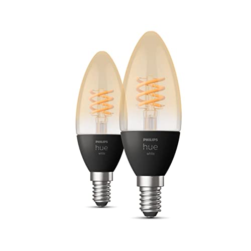Philips Hue White - LED filament light bulb - shape: candle - clear finish - E14 - 4.5 W (equivalent 28 W) - class G - soft warm white light - 2100 K (pack of 2)