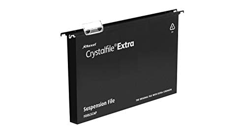 Best Value Rexel 3000081 Crystalfile Extra Foolscap Suspension File, 300 Sheet Capacity, 30 mm Squared Base Polypropylene, Pack of 25, Black