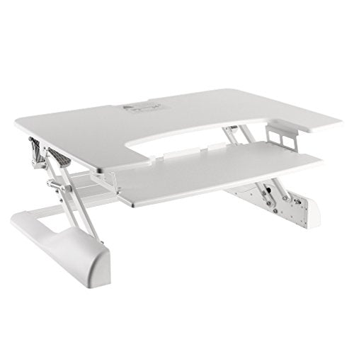 Newstar Sit-Stand Desktop Workstation - White. This ergonomic product holds up to 15kg, while staying steady and solid at any height (13-50cm). Large work surface (90 x 64 cm) accommodates two monitors or a monitor and a laptop. Ergonomic keyboard tray (70 x 30 cm) keeps staggered height between keyboard and monitor to prevent neck strain. Dual squeeze handle gas spring lifting mechanism allows to easily moving the desk up and down, even with your computer equipment. - Newstar have over 20 years