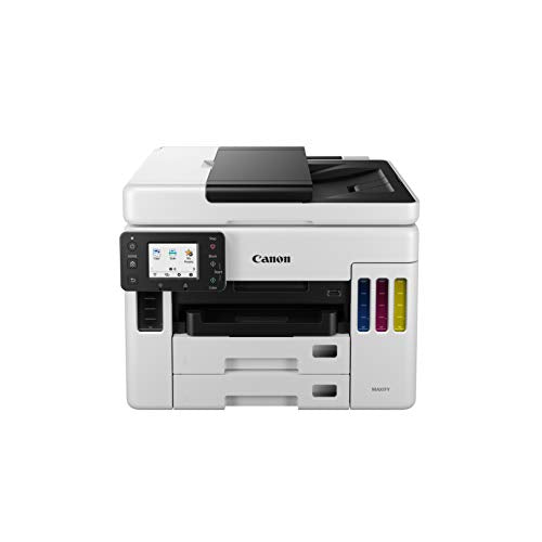 Canon MAXIFY GX7050 Business MagaTank Printer. Print/Copy/Scan/Fax with 50 sheet feeder. 2 Trays. Fast 24 IPM Mono, 15 IPM Colour. Page Yield Black: 6,000 pages, Colour: 14,000 pages. Scan to email/folder/USB. USB/WIFI (2.4&5GHz) Windows/MacOS/IOS/Android/ChromsOS