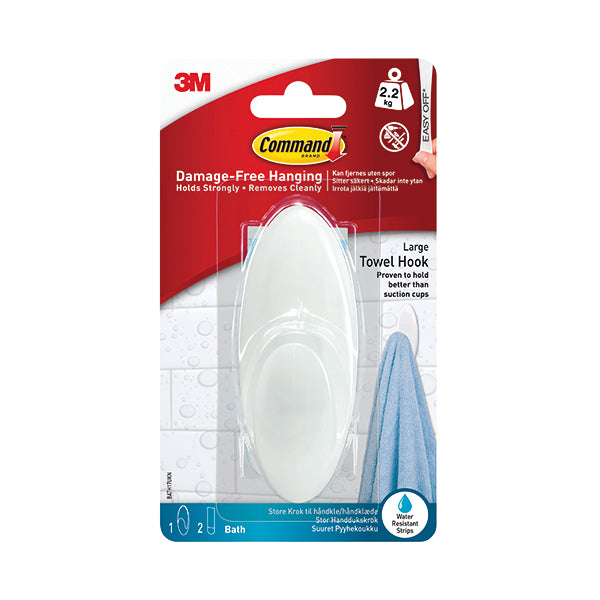 Command Towel Hook with Water Resistant Strip Large Frosted Clear 1HK+1S Bath17