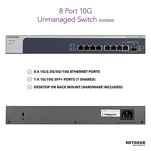 NETGEAR XS508M - Switch - unmanaged - 7 x 10 Gigabit Ethernet + 1 x 10 Gigabit Ethernet / 10 Gigabit Ethernet SFP+ - desktop, rack-mountable