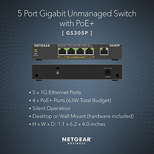 Netgear GS305Pv2 - Switch - unmanaged - 5 x 10/100/1000 (4 PoE+) - desktop, wall-mountable - PoE+ (63 W) - DC power