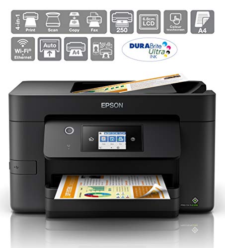 Epson WorkForce Pro WF-3820DWF, Inkjet Printer, MicroBusiness/Multi-fuction/Business/WorkForce, A4, 4 Ink Cartridges, KCYM, Print, Scan, Copy, Fax, Yes (A4, plain paper), Touchscreen, 4,800 x 2,400 DPI, 35 pages/min Monochrome (plain paper 75 g/m2), 21 pages/min Colour (plain paper 75 g/m2), 250 Sheets Maximum, 1,200 DPI x 2,400 DPI (Horizontal x Vertical), 35 pages,  Hi-Speed USB - compatible with USB 2.0 specification, Ethernet interface (100 Base-TX / 10 Base-T), Wireless LAN IEEE 802.11a/b/g
