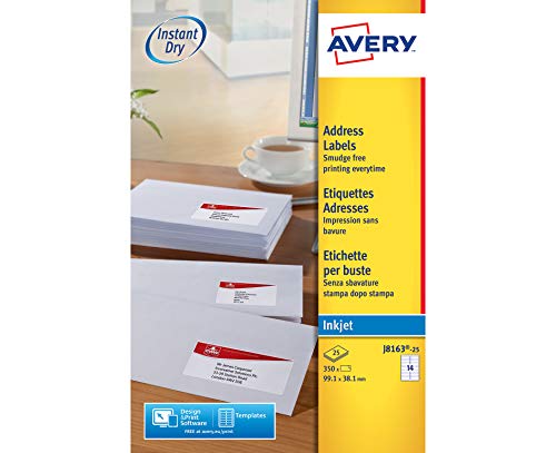 Best Value Avery Self Adhesive Address Mailing Labels, Inkjet Printers, 14 Labels per A4 Sheet, 350 labels, QuickDRY (J8163) White