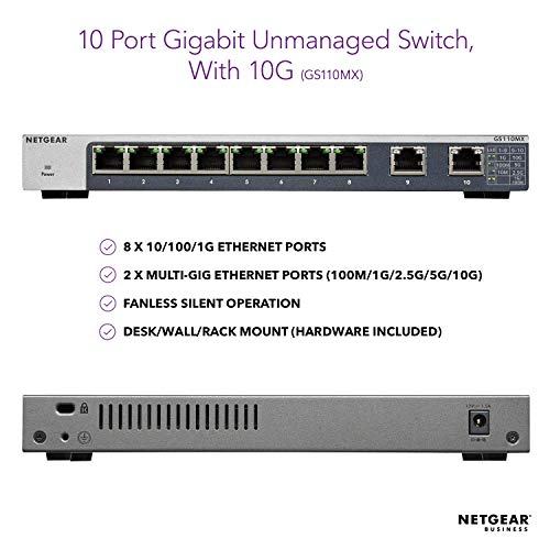 NETGEAR GS110MX - Switch - unmanaged - 8 x 1000Base-T + 2 x 100/1000/2.5G/5G/10G (uplink) - desktop, rack-mountable, wall-mountable