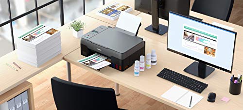 Canon PIXMA G2520 MegaTank Printer, Print/Copy/Scan,  Up to 4800 x 1200 dpi,  9.1 ipm(mono), approx. 5.0 ipm (Colour), Borderless Printing. Cartridges  GI-51. Cartridge Yield (Plain Paper) Black: 6,000 pages. Colour: 7,700 pages. Windows, Mac OS. USB