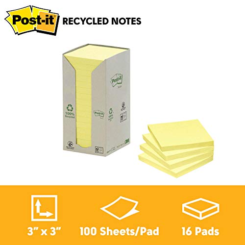 Best Value Post-it 654-1T Recycled Notes - Canary Yellow - Tower Pack Of 16 Pads 100 Sheets Per Pad - 76 mm x 76 mm
