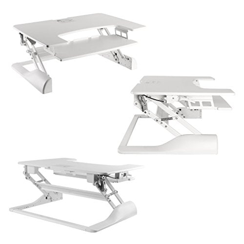 Newstar Sit-Stand Desktop Workstation - White. This ergonomic product holds up to 15kg, while staying steady and solid at any height (13-50cm). Large work surface (90 x 64 cm) accommodates two monitors or a monitor and a laptop. Ergonomic keyboard tray (70 x 30 cm) keeps staggered height between keyboard and monitor to prevent neck strain. Dual squeeze handle gas spring lifting mechanism allows to easily moving the desk up and down, even with your computer equipment. - Newstar have over 20 years