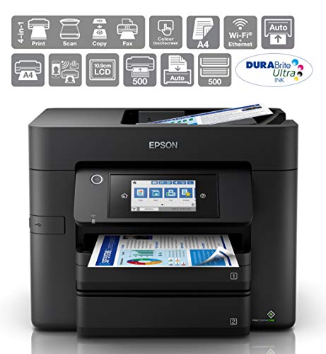 WorkForce Pro WF-4830DTWF, Inkjet Printers, MicroBusiness/Multi-fuction, A4, 4 Ink Cartridges, KCYM, Print, Scan, Copy, Fax, Yes (A4, plain paper), Touchscreen, 4,800 x 2,400 DPI, 36 pages/min Monochrome (plain paper 75 g/m2), 22 pages/min Colour (plain paper 75 g/m2), 500 Sheets Maximum, 1,200 DPI x 2,400 DPI (Horizontal x Vertical), 50 pages, USB host, Wi-Fi Direct, Hi-Speed USB - compatible with USB 2.0 specification, Wireless LAN IEEE 802.11b/g/n, Near Field Communication (NFC), Ethernet int