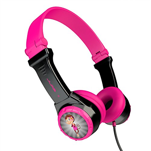 JLab Audio Kids Folding Headphones On Ear Wired and Kid Safe with Volume Limiter Noise Isolation and 8 x Character Stickers Anti Tangle Pink