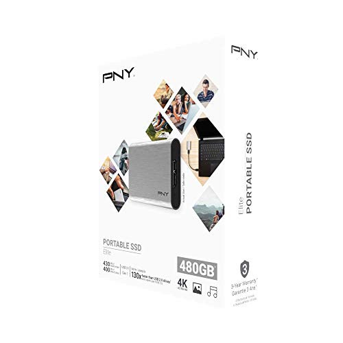 PNY ELITE - Solid state drive - 480 GB - external (portable) - USB 3.1 Gen 1 - brushed silver