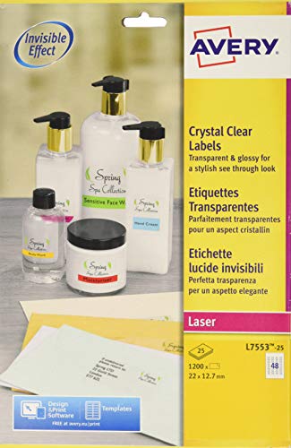 Best Value Avery Self Adhesive Clear Mini OrganisinG Return Address Labels, Laser labels, 48 Labels Per A4 Sheet, 1200 labels, QuickPEEL (L7553)