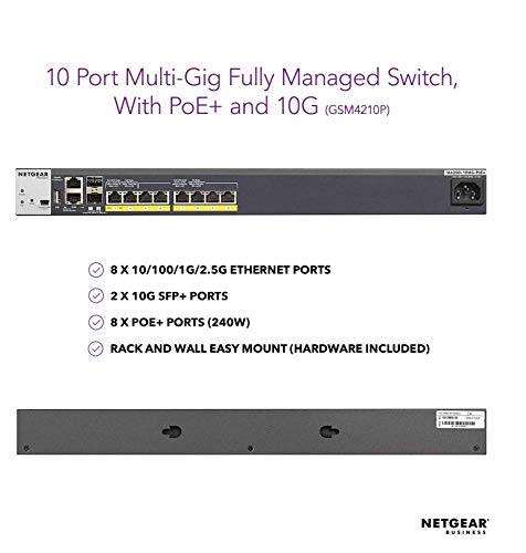NETGEAR M4200 Intelligent Edge Series GSM4210P - Switch - L3 - Managed - 6 x 100/1000/2.5G (PoE+) + 2 x 100/1000/2.5G/5G (PoE+) + 2 x 1 Gigabit / 10 Gigabit SFP+ - side to side airflow - rack-mountable - PoE+ (240 W)