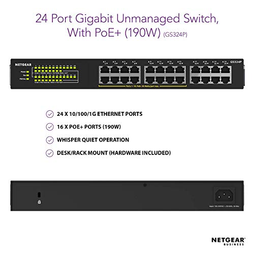NETGEAR GS324P - Switch - unmanaged - 16 x 10/100/1000 (PoE+) + 8 x 10/100/1000 - desktop, rack-mountable - PoE+ (190 W)