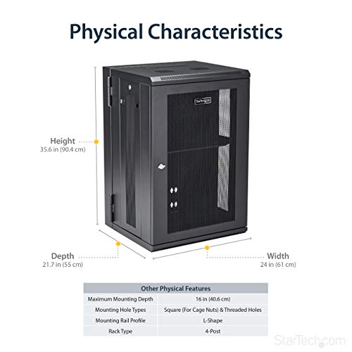 StarTech.com RK1820WALHM 18U Wall Mount Network Switch Cabinet, 4-Post Adjustable Depth (2.4 Inch to 16 Inch) Fully Secure IT Cabinet with Cable Management, 200 lb/90 kg - Black