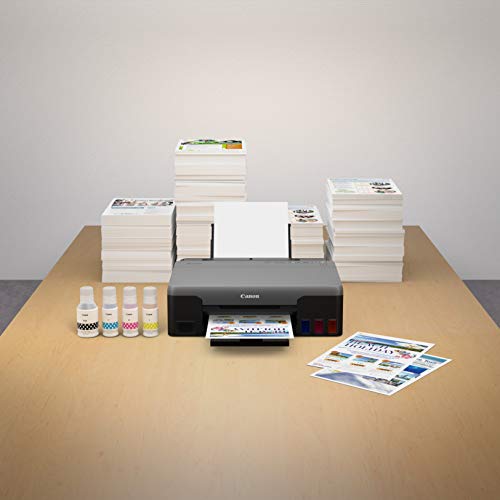 Canon PIXMA G1520 A4 MegaTank Printer. Up to 4800 x 1200 dpi, approx. 9.1 ipm(mono), approx. 5.0 ipm (Colour), Borderless Printing. Cartridges  GI-51. Cartridge Yield (Plain Paper) Black: 6,000 pages. Colour: 7,700 pages. Windows, Mac OS. USB