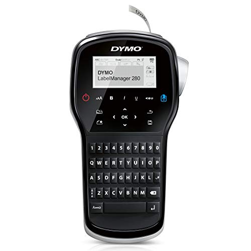 DYMO LabelManager 280 S0968960 Label Printer. Rechargeable battery pack, Large screen with print preview, Stores up to 9 frequently used labels, Create batches of labels quickly - print up to 10 copies of the same label, easy navigation, quick access buttons. Customize labels with any fonts and graphics on your computer through PC or Mac* connection. Compatible with Windows Vista, Windows 8, Windows 7, Windows XP, Mac OS X 10.5 or later - Intel only Type text quickly on the computer-style keyboa