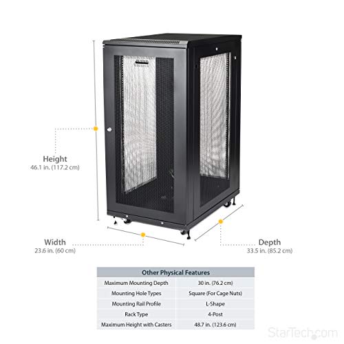 StarTech.com 24U Server Rack Cabinet - 4-Post Adjustable Depth (2" to 30") Network Equipment Rack Enclosure w/ Casters/Cable Management (RK2433BKM)
