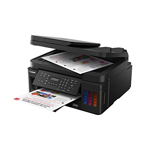 Canon PIXMA G7050. A4 Multifinction Refillable Ink Tank Printer. Print/Copy/Scan/Fax. Mono Print Speed Approx. 13.0 ipm, Colour Print Speed Approx. 6.8 ipm. Auto Duplex Print, Cartridge Yield (Plain paper) Black: 6,000 pages, Colour: 7,700 pages. Cassette: Max. 250 sheets. Automatic Document Feeder Up to 35 Sheets. Hi-Speed USB Ethernet: Wi-Fi: IEEE802.11 b/g/n Apple AirPrint Google Cloud Print. Windows and MacOS iOS, Android