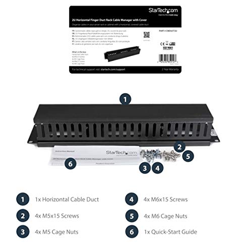 StarTech.com Horizontal 2U Server Rack Cable Management Finger Duct w/ Cover - 19" Network Rack Wire Duct Raceway Panel - Slotted Wire Duct (CMDUCT2U)