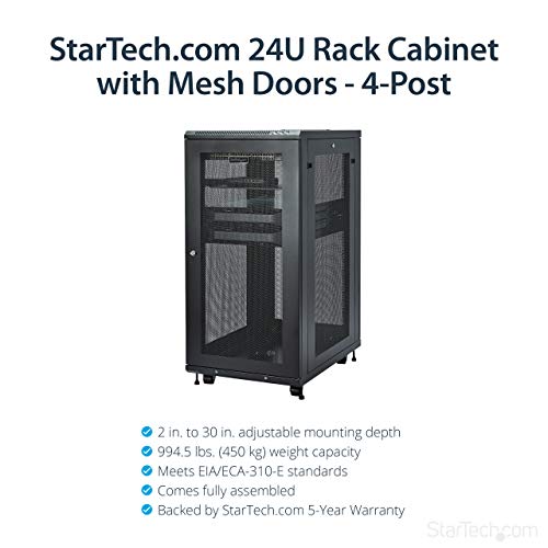 StarTech.com 24U Server Rack Cabinet - 4-Post Adjustable Depth (2" to 30") Network Equipment Rack Enclosure w/ Casters/Cable Management (RK2433BKM)