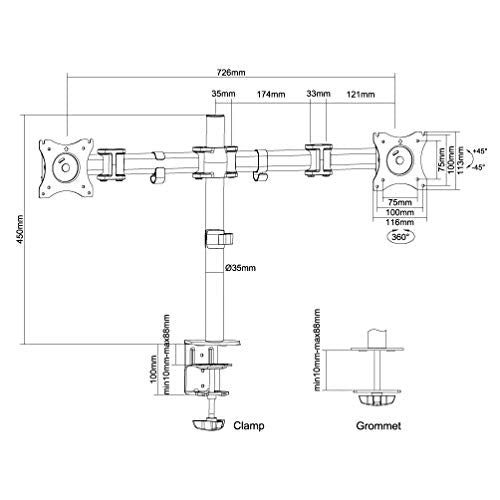 Neomounts by Newstar Select NM-D135D - Mounting kit - for 2 LCD displays (full-motion) - white - screen size: 10"-27" - clamp mountable, grommet, desk-mountable
